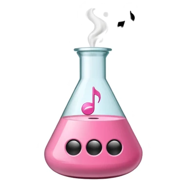 bublegum pink flask beaker with music coming out, as well as a vintage audio speaker sticker