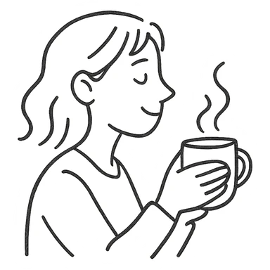 simple black and white pen sketch emoji of a woman in profile with a soft smile, holding a steaming mug in both hands, casual, hand-drawn, minimal, cozy, leisurely feeling, expressive face sticker