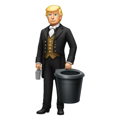 trump in Victorian dress elegant, full body, holding a trash bidon sticker
