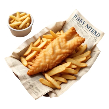 Fish and Chips Cinematic Realistic Fish and Chips Dish Emoji, depicted as a crispy battered fish fillet and golden chips served in traditional newspaper wrapping, rendered with lifelike textures and warm natural lighting that captures its iconic British street food charm  . sticker