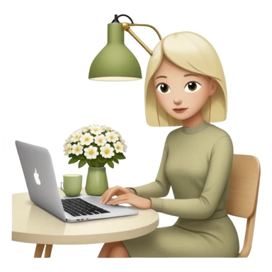 realistic macbook computer, fashion/interior magazines, flowers in a little vase, louis poulsen portable lamp with a dimmed cozy light and a iced matcha. very scandinavian aesthetic sticker