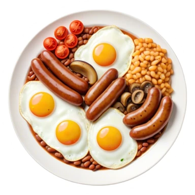 English Breakfast Cinematic Realistic English Breakfast Dish Emoji, depicted as a hearty plate featuring 2 sizzling sausages, a central serving of baked beans, 2 perfectly fried eggs, 2 sliced grilled tomatoes, 2 grilled mushrooms, and a triangle-shaped hash brown, rendered with vivid textures and warm, inviting lighting. sticker