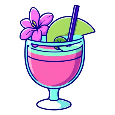 Pink margarita in short cup with a strawberry on top and a purple orchid as garnish sticker