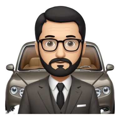 Professor Bentley Dyed black gray hair  frencb beard graying indian guy in suit with a bentley car. Older look with glasses sticker