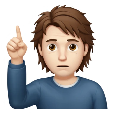 Weak man with disheveled hair pointing to his right sticker