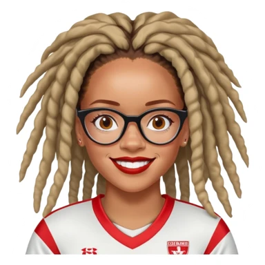 Rihanna with freckles and soccer mom dreadlocks island red and white jersey and cateye eyeglasses big smile sticker