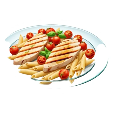 penne with cherry tomatoes and grilled chicken on a glass plate sticker
