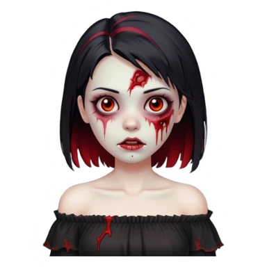 Garota zumbi com cabelo liso e mechas vermelhas na lateral da cabeça dos dois lados, usando uma blusa com manga caida preta sticker