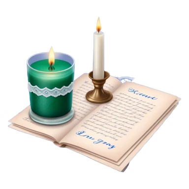 A nostalgic love letter with deep green handwriting, resting on lace fabric next to a glass candle in a royal blue hue. sticker