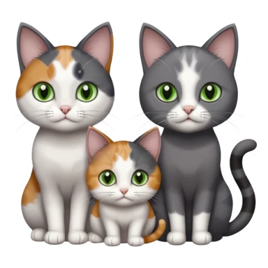 3 different coloured small cats including a dark grey and white, and a patchy calico with hazel eyes  and a completely solid dark grey with green eyes and only white paws sticker