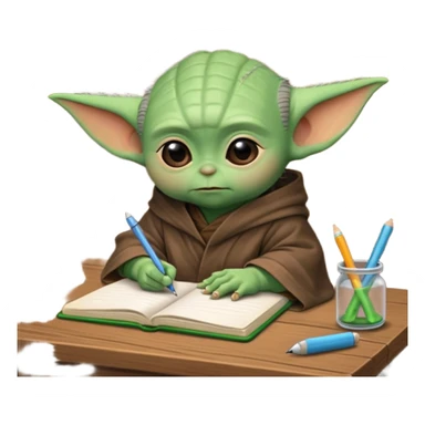 Baby Yoda con su tunica chocolate escribiendo en un cuaderno sobre un escritorio sticker