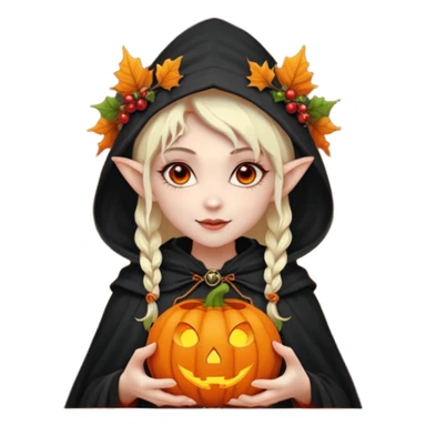female elf vampire emoji, pale skin, red eyes, elegant face, autumn leaf and pumpkin wreath on head, black hooded cloak with cobweb details, holding small glowing pumpkin lantern, Halloween fantasy theme, Apple emoji style, clean white background, square sticker