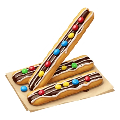 Add chocolate drizzle and m&ms on top of the crispy golden churros, put then on a paper sticker