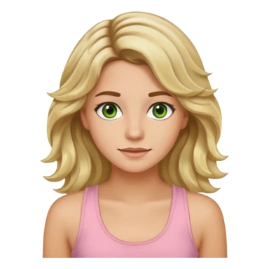 ca you make her hair a 20-year-old girl with long wavy hair brown roots blonde highlights green eyes brown eyebrows good summer tan iPhone emoji style with light pink tank top can you make her hair a little longer please sticker