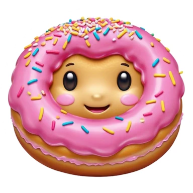 Cinematic tiny happy donut, round and fluffy, golden brown with pink icing and sprinkles, tiny adorable face with blushing cheeks, warm glowing background. sticker