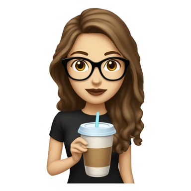 White girl with long brown hair and black glasses and big lips with iced coffee sticker