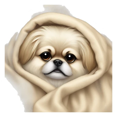 White Pekingese cozy in beige blanket sticker