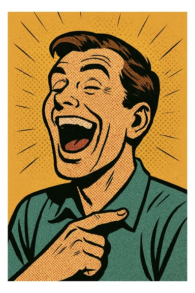a person laughing at themselves, exaggerated open mouth, comic book style sticker