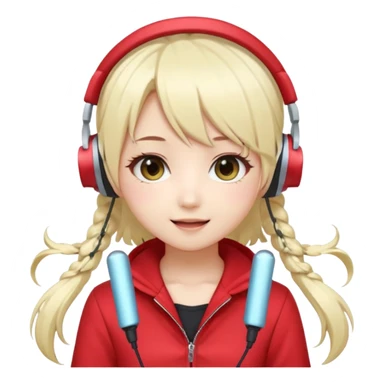 Cute kawaii emoji-style Japanese K-pop singer girl, long platinum blonde hair in twin tails, red outfit, headset mic on cheek, Japanese K-pop idol vibes, big sparkling eyes, chibi proportions, clean lineart, pastel colors, cheerful idol smile, sticker/emoji style, transparent background sticker