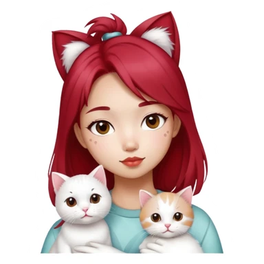 cute cool asian girl with cherry cola hair holding 1 white cat with grey spots sticker