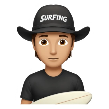 Male brunette movie producer black baseball hat that says surfing cowboys with white tshirt sticker