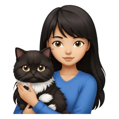 a girl with long dark brown, almost black hair with bangs, holding a fluffy black and white Persian cat sticker