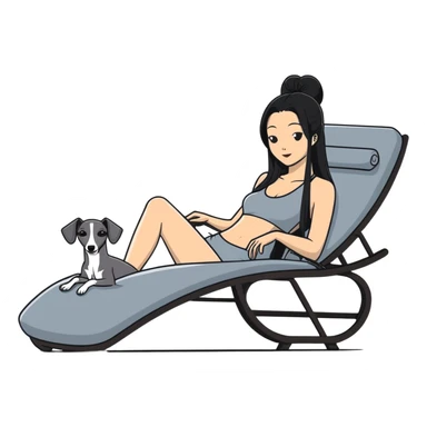 Very thin Chinese woman with long black hair relaxing on a spa lounger with exactly ONE Italian greyhound. CRITICAL REQUIREMENT: the dog must be ONE SOLID VERY DARK CHARCOAL GREY (almost black-grey) COLOR from nose to tail with NO WHITE or LIGHT AREAS anywhere - NO white face, NO white muzzle, NO white chest, NO white paws, NO white tail tip - NOTHING BUT A SINGLE SHADE OF VERY DARK GREY throughout the entire animal sticker