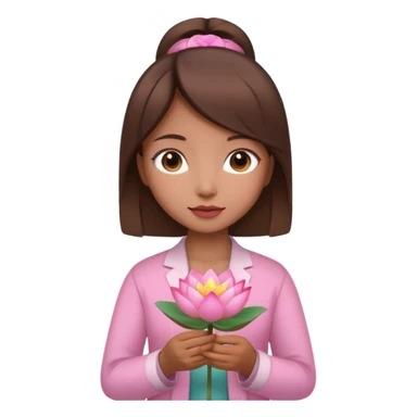 tiny Vietnamese woman with brown hair, holding a lotus flower sticker