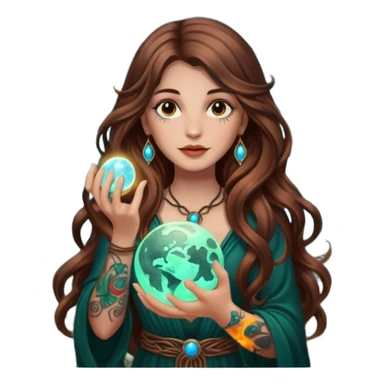 forest mystic woman long wavy brown hair tattoos holding glowing moon orb sticker
