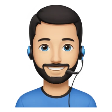 Man 30, black short hair, blue eyes and black short bears, on earpiece sticker