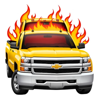 Yellow Chevrolet Silverado with custom red flame artwork specifically on the front bumper, hood remains plain yellow, authentic Kill Bill truck design, 30-degree angle, iOS emoji style sticker