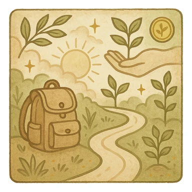 healing, literary-style avatar in soft warm color scheme beige, light brown, green, pale yellow, abstract symbols of growth and wealth like backpack on winding road with small golden accents, no text, square composition sticker