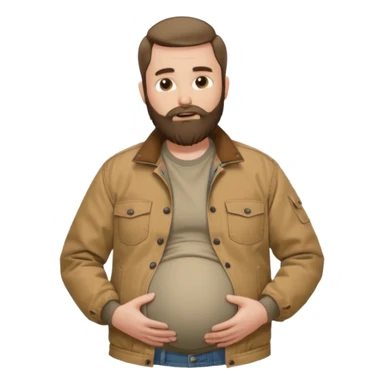 Bearded man rubbing pregnant belly poking out of shirt wearing a tan canvas carhartt jacket sticker