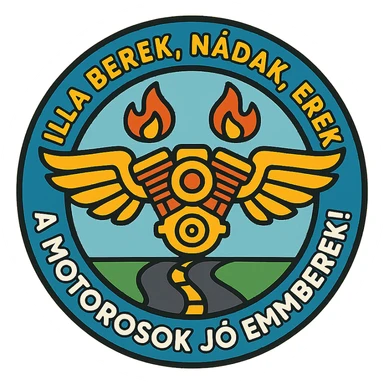 circular design for motorcycle cap, text 'Illa berek, nádak, erek, a motorosok jó emberek!', motorcycle motifs including motor, wings, flames, road, cheerful style sticker
