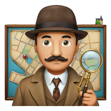 A colorful collage featuring Detective Poirot Detective Poirot with a long curling moustache, with a magnifying glass, revolver and a mysterious city backdrop. Include a board with photos of suspects, fingerprints, and a crime scene. Retro movie poster style. Transparent background. sticker