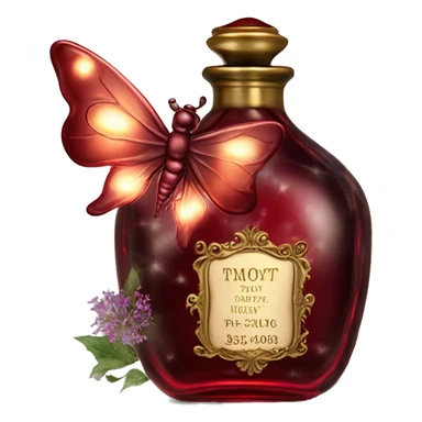 Dark red magic fairy light sparkling old Antique oil perfume bottle with herbal and flowers sticker