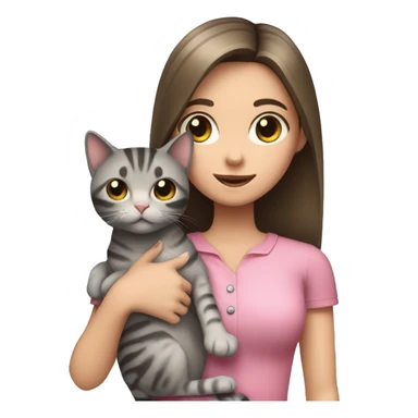 Brunette girl with straight hair in a pink blouse, holding a gray, striped, brown-eyed cat with a bow in her arms sticker