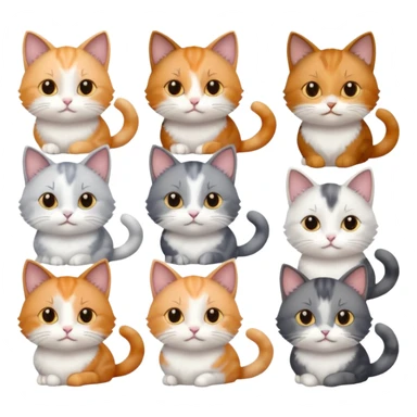 6 realistic looking cats with different natural coloured coats, assorted grey and white, greys, calico, brown and white colours etc
 sticker