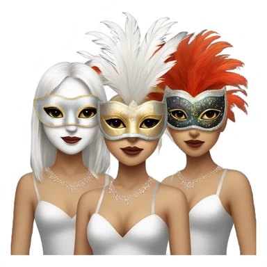 
three white-skinned girls festively dressed up in a full-length feathered masquerade mask sticker
