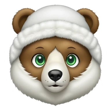 Adorable bear head with big green eyes and soft expression, wearing white fluffy ushanka with detailed Russian emblem in center, iOS emoji style sticker