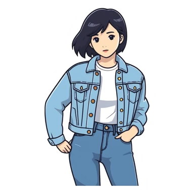 A girl with dark hair and a white shirt with a denim jacket and denim jeans sticker
