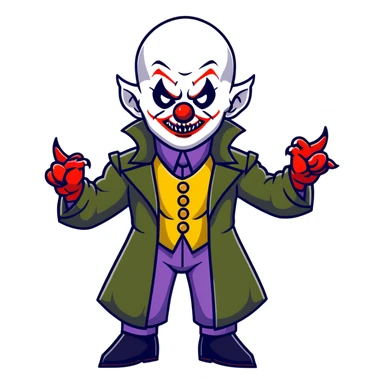 evil clown warrior, bald, small black satan-like horns on forehead, fangs, pointed ears, eye patch over one eye, long coat over black and military green leisure suit with bellbottom pants, realistically proportioned, less bulky, full body, battle-ready fighting posture sticker