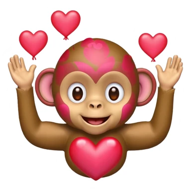 Cartoon monkey emoji, light brown, smiling, with joyful eyes and red/pink floating hearts. Represents love and happiness. Clean, simple style with transparent background sticker