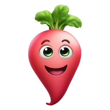 3d Smiling radish with big expressive eyes, rosy cheeks, and green leaves on top. Bright and cheerful cartoon style. sticker