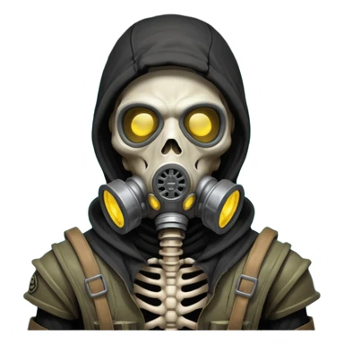 skeleton wearing a gas mask portrait, head and shoulders only, visible rib cage bones, cracked skull, dark hood, glowing eyes inside the mask, post-apocalyptic vibe, dramatic lighting, 3D cartoon, mobile game icon style, clean background, no text, no watermark
 sticker