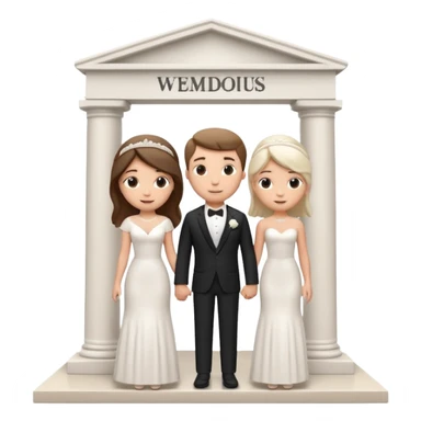 A 3D cartoon courthouse wedding venue with a bride and groom standing at the entrance, elegant white columns, soft natural lighting, simple modern decor, minimal background, realistic Memoji-style rendering. sticker