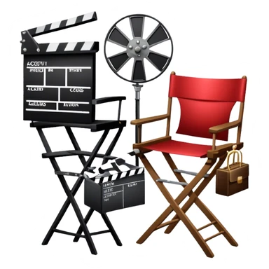 Icon for Acting: a theatrical mask, stage lights, a director’s chair, a script, a movie camera and a clapperboard, representing the craft of acting in theater and film. Famous actor-star. The design should reflect creativity, performance, and storytelling. Transparent background. sticker