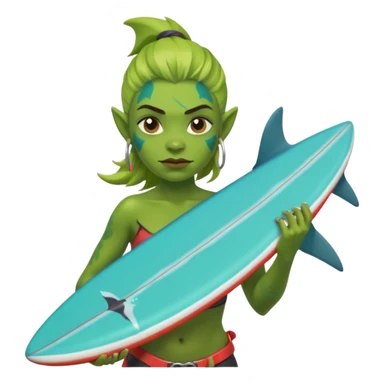 orc female holds a little surfboard with a shark painted vertically in his hands sticker