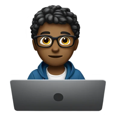 programmer on his laptop, white skin, looking front, darker skin, Black glasses, not blonde, sitting at a workstation with a gaming chain sticker