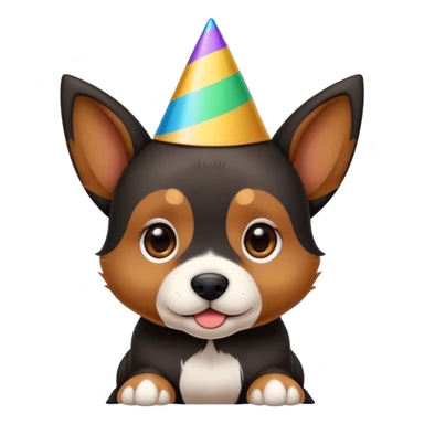 A black and brown pointy ear puppy without white with pointy ears with party hat sticker
